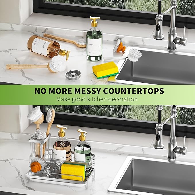 Cisily Stainless Steel Kitchen Sink Caddy Organizer, Sponge Holder for Sink Rustproof, Non-Slip Soap Dish Dispenser Brush Holder Storage, Home & Kitchen Essentials Accessories (Stainless Steel)