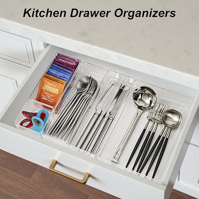 SMARTAKE 25-Piece Drawer Organizer with Non-Slip Silicone Pads, 4-Size Desk Drawer Organizer Trays Storage Tray for Makeup, Jewelry, Utensils in Bedroom Dresser, Office and Kitchen (Clear)