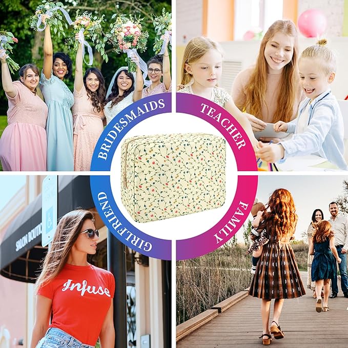 Waterproof Nylon Large Makeup Bag Travel Pouch, Floral Preppy Big Cosmetic Bag Make Up Organizer Toiletry Bag with Zipper, Large Capacity Cute Zipper Pouch Storage Bag for Women Girls(Vine Flower)