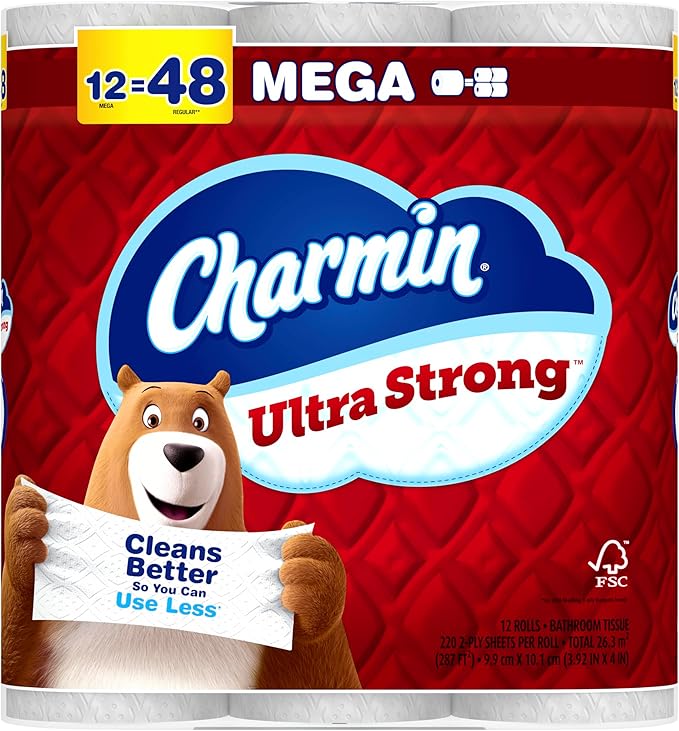 Charmin Toilet Paper Ultra Strong, 12 Mega Rolls = 48 Regular Rolls, 2-ply Bath Tissue