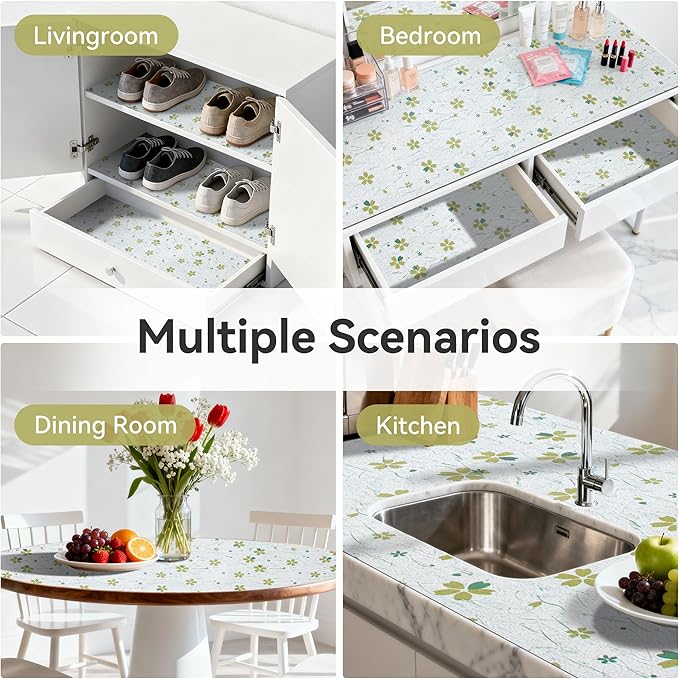 FIFTY FEET 18"x96" Non-Adhesive Shelf Liner for Kitchen Cabinets and Drawers, Washable Non-Slip PVC Cabinet Liner (Green Floral)(1 Roll)