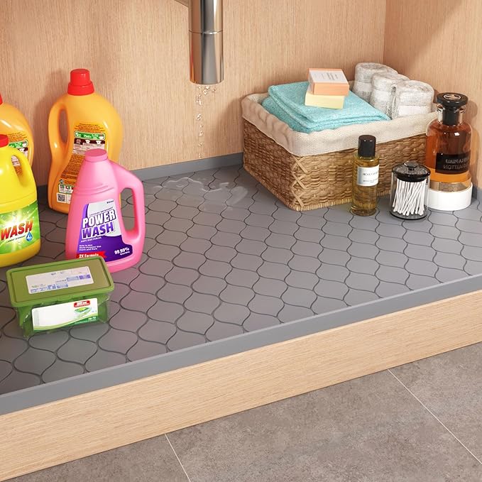Silicone Under Sink Mat 28" x 19", Kitchen Essentials and Gadgets, Shelf Liner and Cabinet Protector, Home Organizers and Storage, Waterproof Bathroom Tray