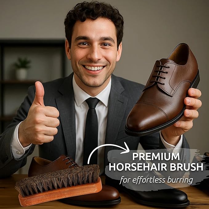6.7" Horsehair Shoe Shine Brush - 100% Soft Genuine Horse Hair Bristles - Unique Concave Design Wood Handle - Comfortable Grip, Anti Slip - for Boots, Shoes & Other Leather Care (#1)