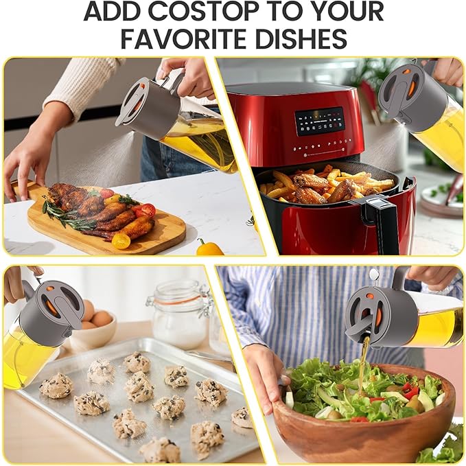 2 in 1 500ml/17oz Oil Sprayer for Cooking, 2026 Large Advanced Glass Olive Oil Dispenser Bottle w/stickers, Even Spray with Portion Control for Kitchen, Air Fryer, Salad, BBQ - Grey
