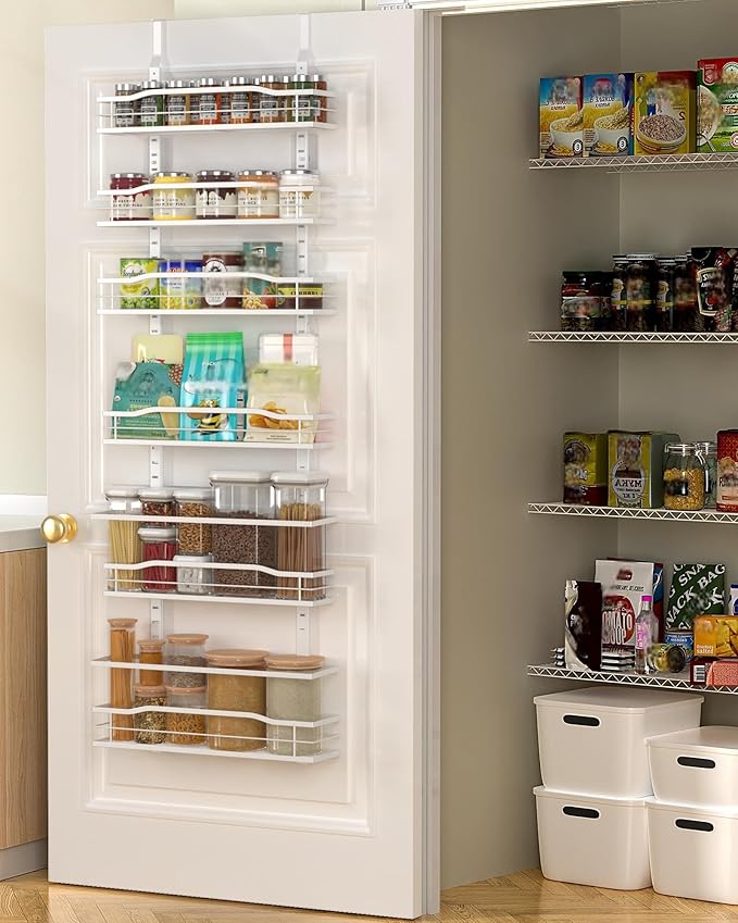 Moforoco White 6-Tier Over-the-Door Pantry Organizer, Pantry Organization Storage, Door Metal Hanging Spice Rack Basket Shelves, Home Kitchen Apartment Essentials, Laundry Room Bathroom Organization