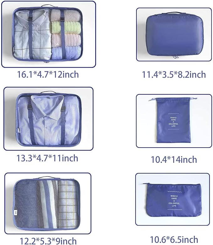 6 Set Packing Cubes for Travel, Luggage Organizers with Shoe & Toiletry Bags, Lightweight Suitcase Organizer for Carry-On, Washable Laundry Bags(Dark Blue)
