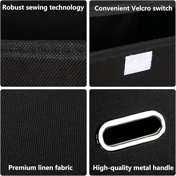 Fabric Foldable Collapsible Storage Cube Bin Organizer Basket with Lid, Handles, Removable Divider for Home, Closet (Black, 6Pcs)