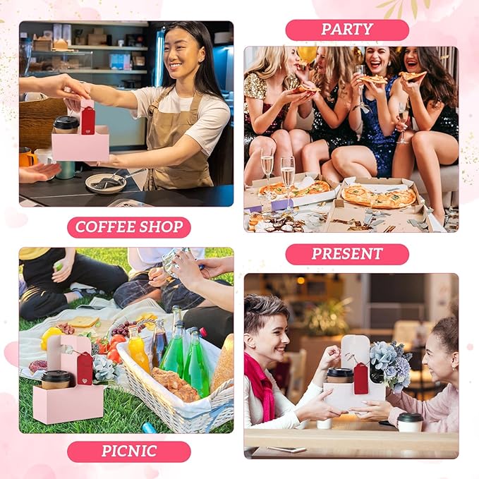 MotiMind 8 Pack Mother's Day 2 Cup Drink Carrier with Handle, Kraft Paperboard Teacher Cup Holder Portable for Hot Cold Drinks, Coffee Carrier Gift with Heart Card Rope (White,Pink)