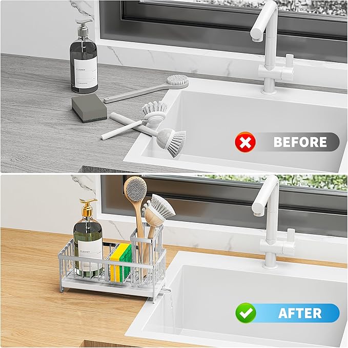 Cisily Silver Sponge Holder for Kitchen Sink, Sink Caddy Organizer with Tall Brush Holder, Kitchen Countertop Organizers and Storage Essentials, Rustproof 304 Stainless Steel, Soap Dispenser Organizer