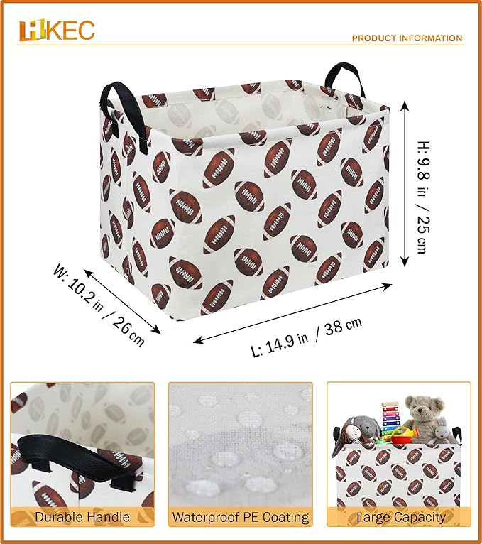 Rectangle Rugby Storage Basket with Handles, Collapsible Toys Bin, Cute Books Box,Room Decor(Rugby)