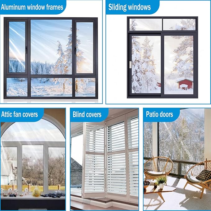 Window Insulation Kit, 63 × 394 Inch Plastic Window Covering for Winter, Window Insulation Film Window Wrap Insulation Windows Winterizing Kit with Double-Sided Tape for 10 Pcs 3 x 5 Ft Windows