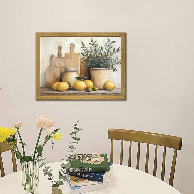 Wood Framed Vintage Kitchen Wall Art, Yellow Lemon Still Life Wall Decor Oil Paintings, Rustic Farmhouse Artwork Canvas Posters Prints Pictures for Living Room Bedroom Home Decor 12x16 Inch