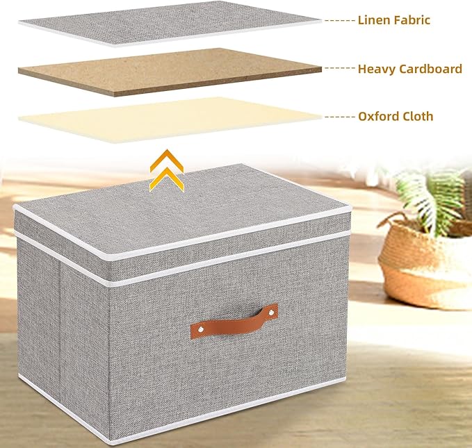 YheenLf Storage Baskets with Lids and Double Handles, Linen Foldable Storage Bins, 17.7 x 11.8 x 11.8 Inch Closet Organizer Boxes for Laundry Bedroom, Grey, 3-Pack