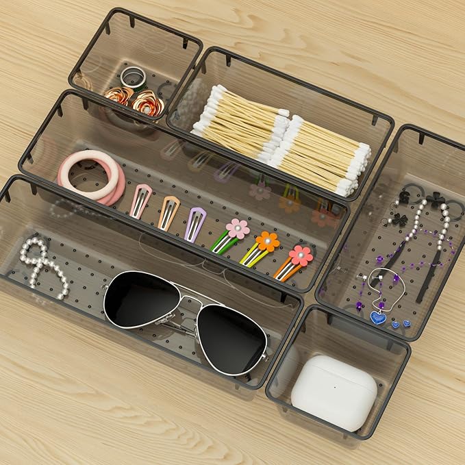WOWBOX 6 Pack Clear Drawer Organizer Set, Acrylic Drawer Storage Trays, Storage Bins for Makeup, Cosmetics, Jewelry, Utensils, Gadgets, Office, Black