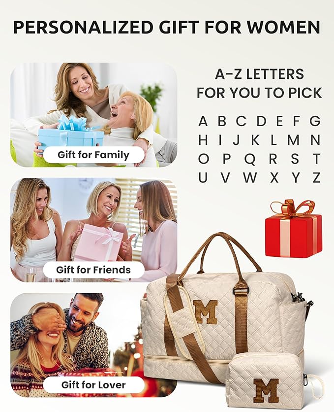 Gifts for Sister - Personalized Initial Duffle Bag, Travel Bag With Shoe & Makeup Compartments - Monogram Weekender & Overnight Bag (Letter N)