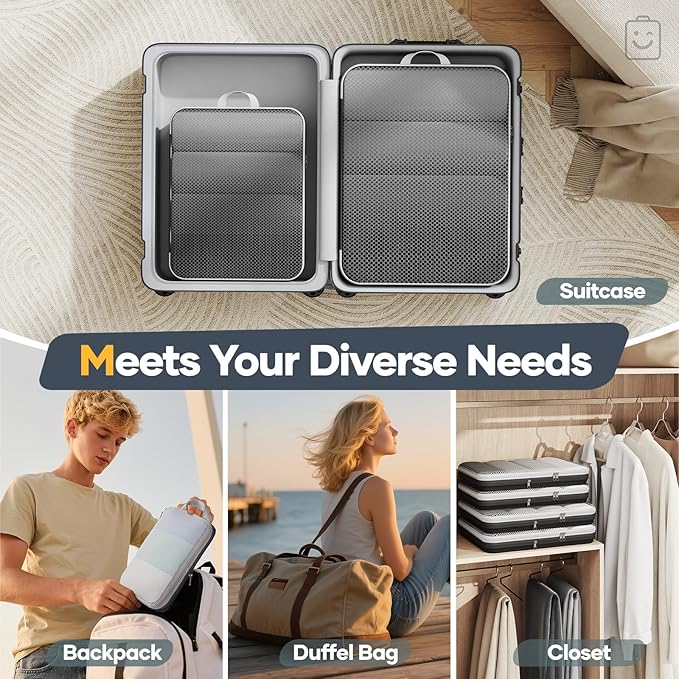 Veken 6/9/11 Set Compression Packing Cubes for Travel Essentials,Compressible Expandable Large Luggage Suitcase Organizer Bags for Clothing,Durable Space Saver Storage Bags(Black)