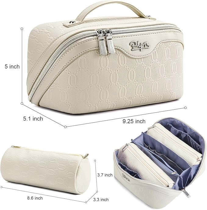 BOYATU Travel Makeup Bag for Women: Cosmetic Organizer Bag with Compartments - Leather Makeup Bags Set of 3 (G-2-White)