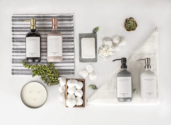 Emerson Essentials Thick Glass Soap Bottle Dispensers, 2 Pack, Non Rust Stainless Steel Pumps Hand Set for Bathroom Kitchen Sink, Shampoo Lotion Liquid Jars, 16 Oz, with 4 Waterproof Labels – White