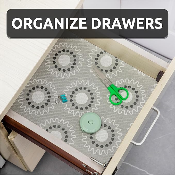 FIFTY FEET 12X120 Inch Shelf Liner for Kitchen Cabinets, PVC Drawer Liner for Dresser Non-Slip Bathroom, Non-Adhesive Cabinet Liner Washable (Grey Circle)(2 Roll)