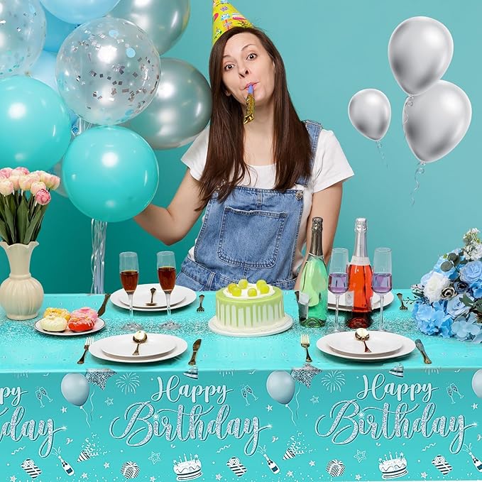 Tudomro 3 Pcs Happy Birthday Tablecloths Happy Birthday Party Decorations Plastic Table Cover Rectangular Cloths for Women Men Baby Shower Party Supplies, 108 x 54 Inch (Teal)