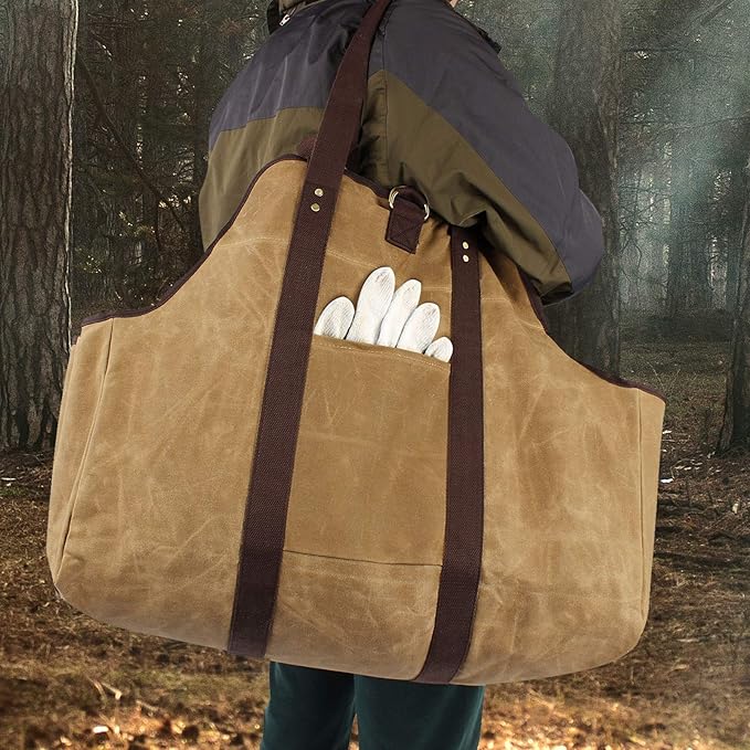 Waxed Canvas Log Carrier Tote Bag, Extra Large Durable Firewood Holder with Handles and Shoulder Strap, Heavy Duty Wood Carrying Bag for Fireplaces & Wood Stoves Khaki
