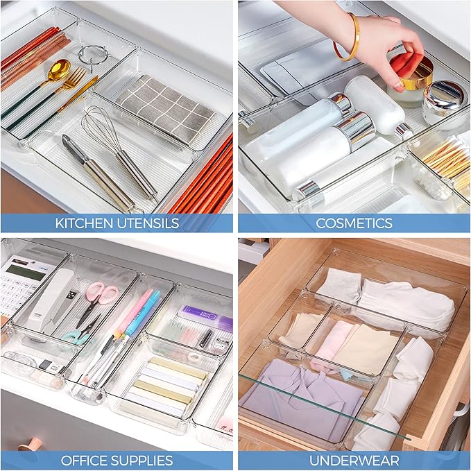 Ravinte 16 PCS Drawer Organizer Plastic Storage Bins, 5-Size Kitchen Drawer Organizer with Non-Slip Pads, Clear Desk Storage Tray for Makeup, Jewelry, Kitchen Utensils, and Office