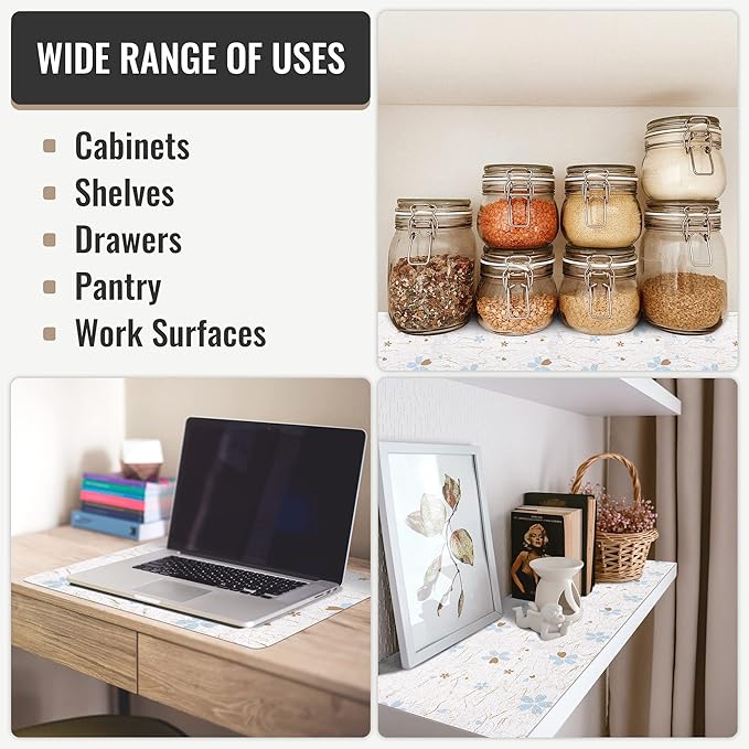RAY STAR 18 Inch x 48 Inch Shelf Liner, Non Adhesive Floral White Cabinet Liner for Pantry Drawer Vanity, Strong Grip Non Slip Waterproof, Pretty Shelf Liners for Kitchen Cabinets (Signature Delivery)