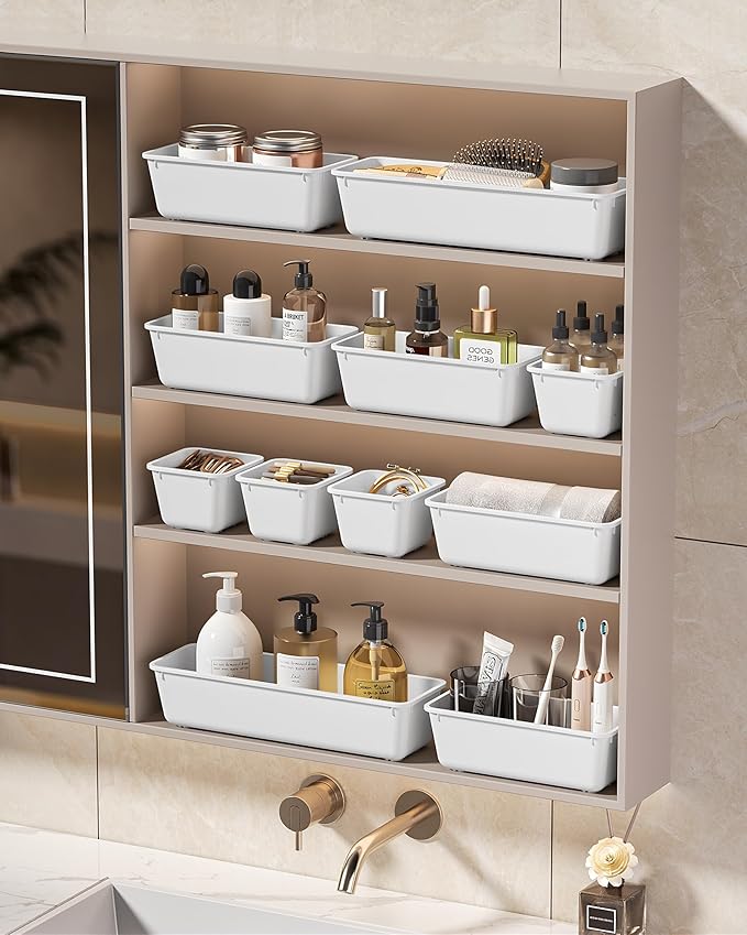 25 PCS Plastic Drawer Organizers Set, 4 Sizes Vanity Organizer, Makeup and Desk Drawer Organizer Trays, Organization and Storage for Makeup, Bathroom, Kitchen Utensils and Office (White)