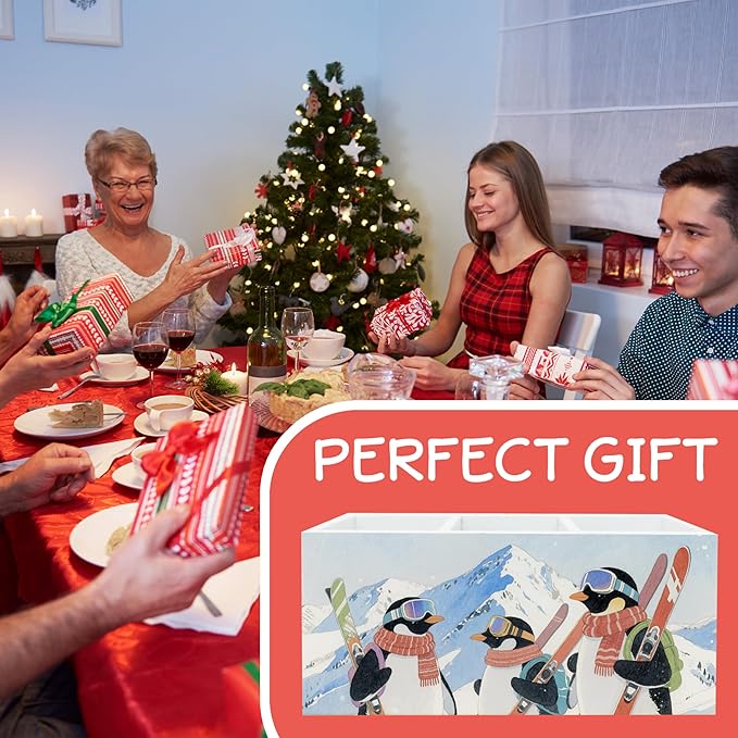 Winter Skiing Penguin Pen Pencil Holder Organizer for Desk, Penguin Gifts for Women, Winter Snowy Mountains Animal Wood Cooking Kitchen Utensils Utensil Organizer Holder Decor