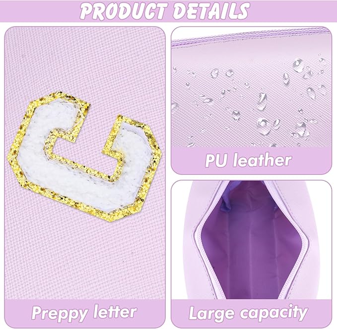 Gifts for Girls Initial Makeup Bag Personalized Cosmetic Bag with Zipper Cute Travel Toiletry Bag Waterproof PU Preppy Makeup Pouch Birthday Gift for Teen Girls Women(Purple C)
