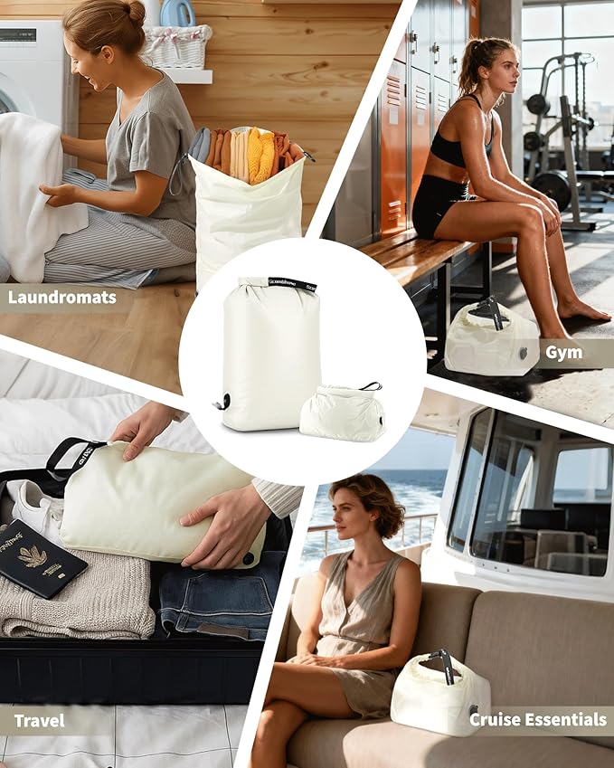 Travel Laundry Bag, Pump-free Vacuum Compression Dirty Clothes Bag, Medium Reusable Waterproof & Washable Laundry Bag, Wet and Dry Bag, Ideal for Suitcases, Laundromats (1 Pcs) White