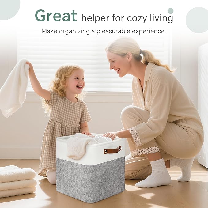 FinishingBo Cube Storage Baskets 6 Pack, 11x11 inch Cube Storage Bins with Leather Handles for Shelf Closet (White/ Gray)