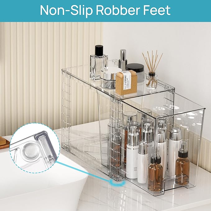 Vtopmart 4 Pack Clear Stackable Storage Drawers, 9.7" High Plastic Organizers Bins for Skincare, Bathroom Supplies, Ideal for Cabinet, Undersink, Vanity, Kitchen, Pantry Organization