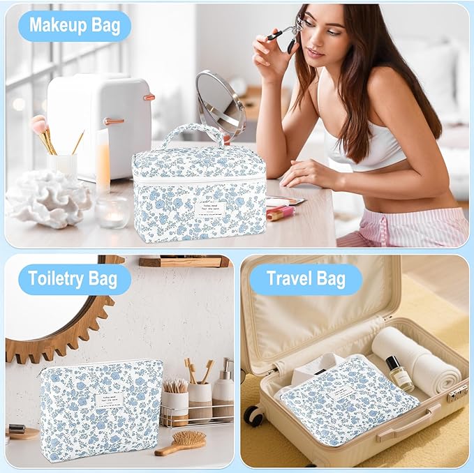 3Pcs Makeup Bag Quilted Cosmetic Bag Set Bow Travel Large Makeup Pouch for Women Cute Portable Cotton Toiletry Bag Skincare Organizer Coquette Vintage Travel Essential