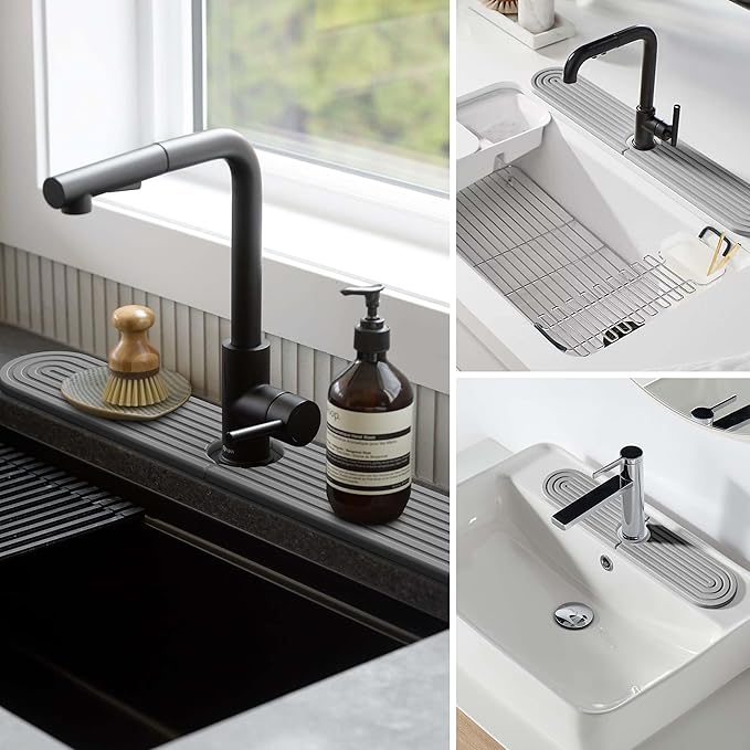Stone Faucet Mat for Kitchen Sink โ Diatomite Fast-Drying Stone Tray, Faucet Mat Sink Splash Guard, Decorative Sink Protector for Kitchen Bathroom Counter (Grey, 20''x3.9'')