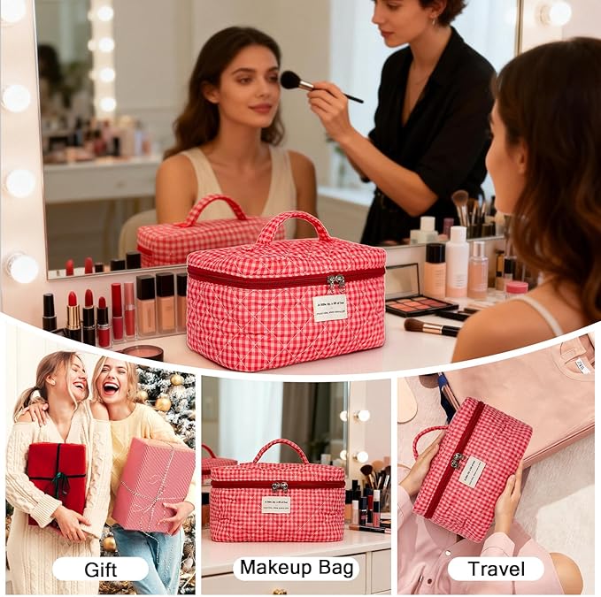 Large Makeup Bag, Cute Cosmetic Bag for Women Girls, Floral Coquette Aesthetic Toiletry Bag, Travel Make Up Organizer Bag(Red Checkered)