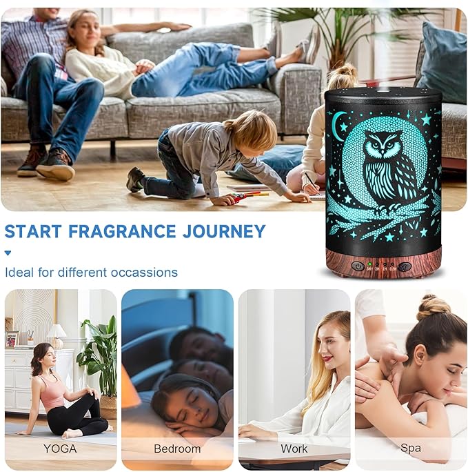 Essential Oil Diffuser Metal Aromatherapy Diffuser, Cool Mist Diffuser with 7 Color Lights for Home Office Spa (Owl)