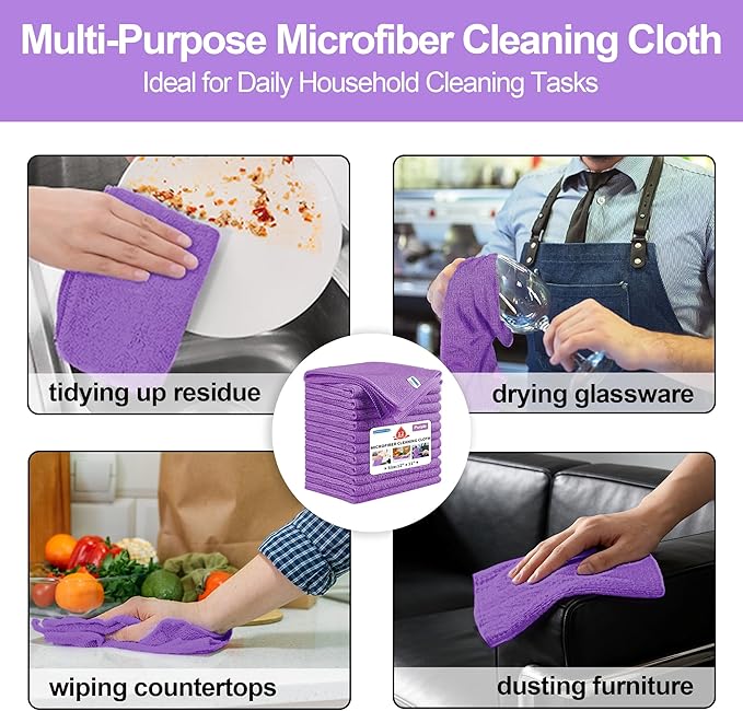 HOMERHYME Microfiber Cleaning Cloth, 12 Pack Purple Cleaning Rags, 12" x 11" Lint Free Dish Towels Wash Cloths, Reusable Microfiber Towels for Home and Kitchen Bathroom Apartment Cleaning Supplies