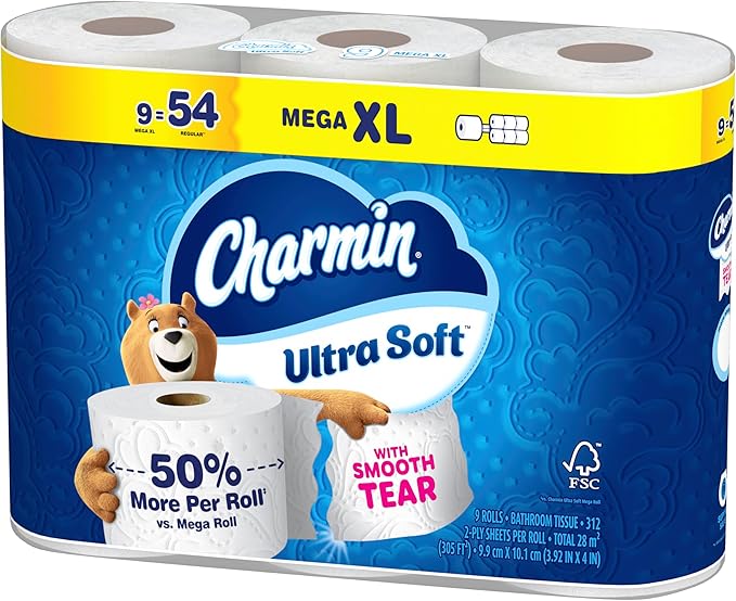 Charmin Ultra Soft Toilet Paper, 9 Mega XL Rolls = 54 Regular Rolls, 2-ply Bath Tissue
