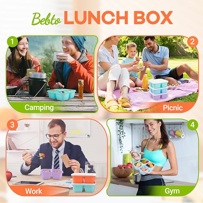 Bento Box Adult Lunch Box- 4 Pack,4 Compartment Snack Containers Reusable Meal Prep Stackable BPA-Free Lunch Containers for Home, Work, Travel (4 Color)