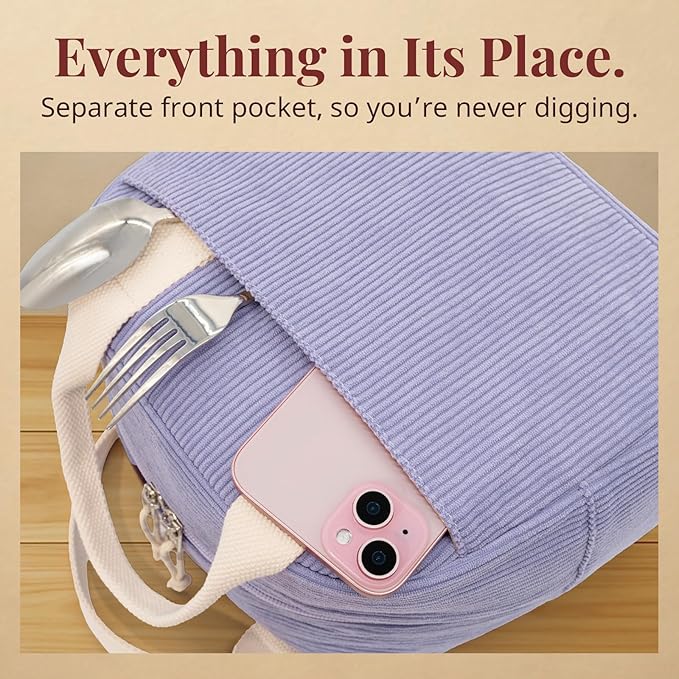 LOVELYWIND Insulated Purple Haze Lunch Bag for Women, Stylish Corduroy Tote with Aluminum Lining, Large Capacity Reusable Cooler for Work, Travel, or Beach, Beige Cream Water-Resistant Lunch Box