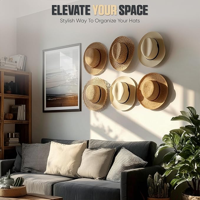 Modern JP Adhesive Hat Hooks for Wall (10-Pack) - Cowboy Hat Rack, Wide Brim Hat Organizer, Strong Hold Hat Hangers for Wall - Black