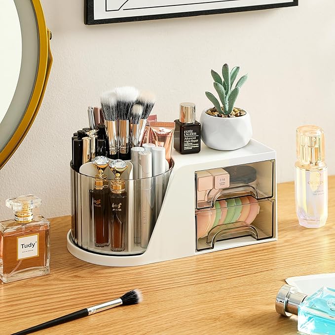 360° Rotating Desk Organizer - 6 Slots Pen and Pencil Holder with 2 Drawers, Art Supply Storage Box Caddy for Office, Home, School (White with 2 Drawer)