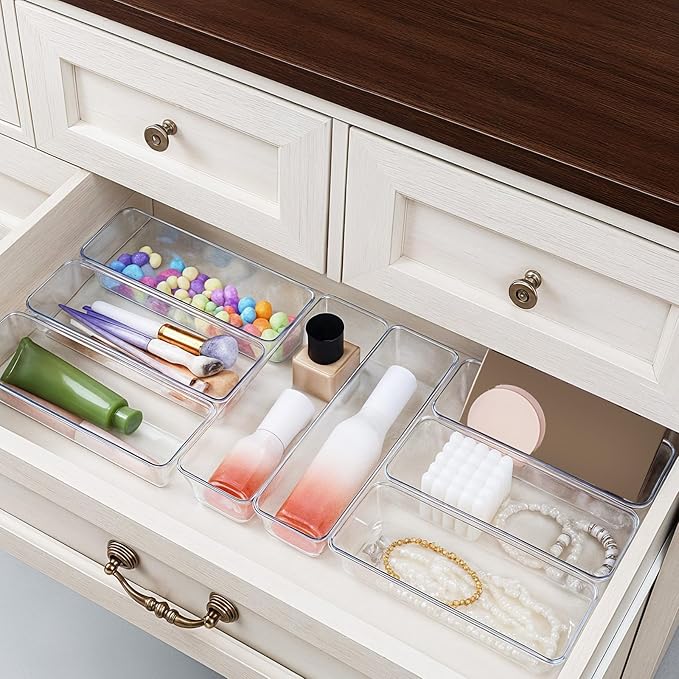 12 PCS Drawer Organizers Clear Plastic Vanity Drawer Dividers Kitchen Silverware Utensil Storage Desk Storage Tray for Bathroom Bedroom Office Makeup Jewelry 9 x 3 x 2 Inches