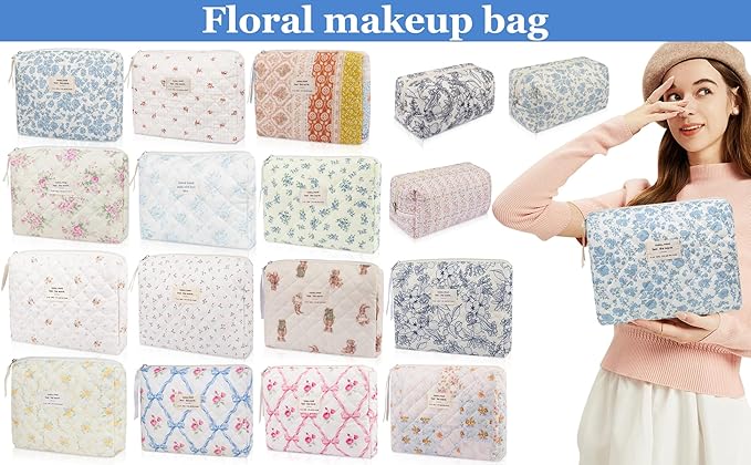 2 Pack Floral Makeup Bag, Cute Cosmetic Bag for Women Girls, Quilted Cotton Make up Pouch, Travel Makeup Bags, Portable Storage Toiletry Organizer Bag(Pink+Blue Floral)