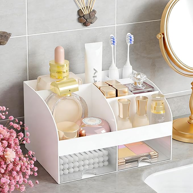 Makeup Organizer with 2 Drawers, Cosmetic Storage for Dresser Vanity and Bathroom Countertop, Makeup Organization and Skincare Storage with Beauty Brush Holder, Cosmetic Display Case (White)