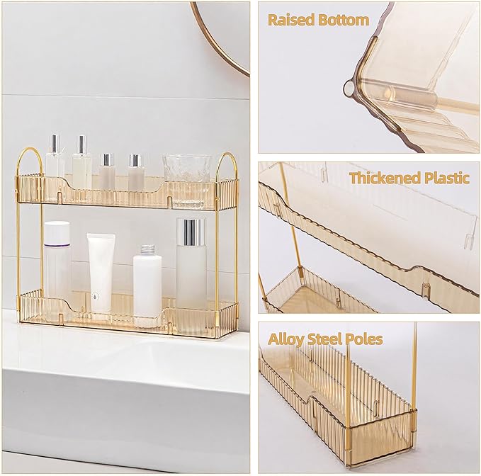 Bathroom Countertop Organizer, 2-Tier Slim Vanity Storage Rack for Bathroom Sink, Narrow Counter Organizer for Toiletries Skincare Perfume with Gold Plastic Trays, Gold