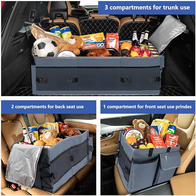 Trunk Organizer with Built-in Insulated Leak Proof Cooler Bag, Collapsible Cargo Organizer for SUV with Non Slip Bottom Strips, 3 Large Compartments Foldable Waterproof Portable Car Storage Box XL