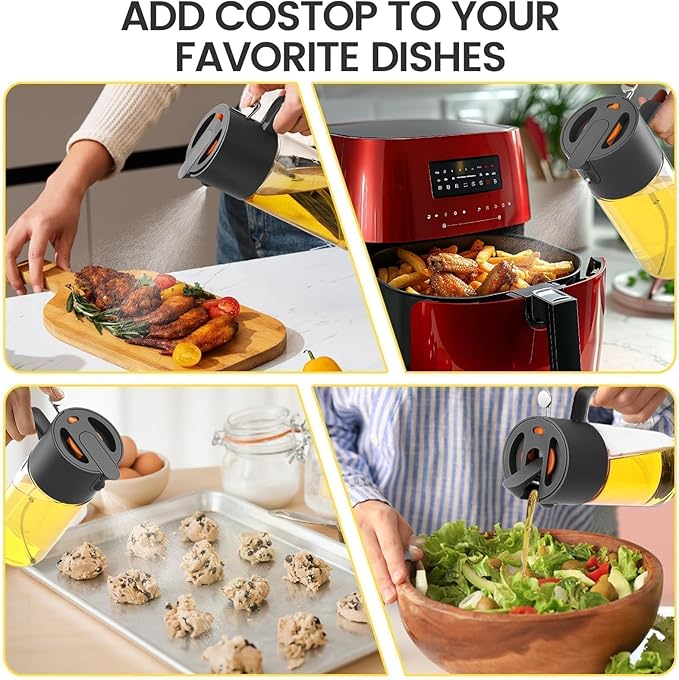 2 in 1 500ml/17oz Oil Sprayer for Cooking, 2026 Large Advanced Glass Olive Oil Dispenser Bottle w/stickers, Even Spray with Portion Control for Kitchen, Air Fryer, Salad, BBQ - Black