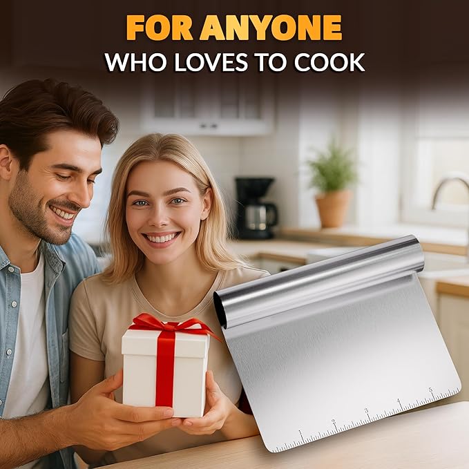 Bench Scraper Kitchen – Multipurpose Pastry Scraper Tool with Measurement Marks for Even Portions, Stainless Steel Build, Ergonomic Grip for Better Control – Pizza, Cookie & Bread Dough Cutter Tool